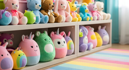 Obraz premium Adorable Plush Toys Displayed on Shelves Creating A Charming and Colorful Scene