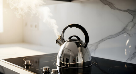 A steaming kettle on a modern kitchen countertop in a bright, clean interior