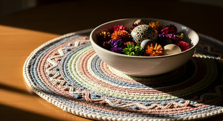 A still life image featuring a bowl filled with flowers placed on a colorful placemat