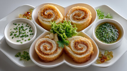 Delicious chickle rolls elegantly arranged on a white ceramic plate