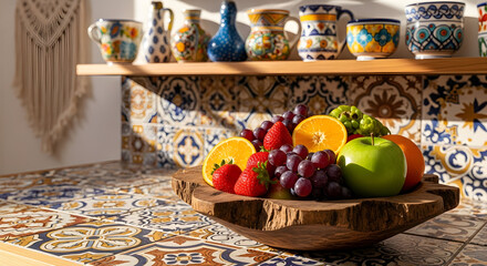 A still life of a fruit bowl with colorful tiles and decorative objects on display