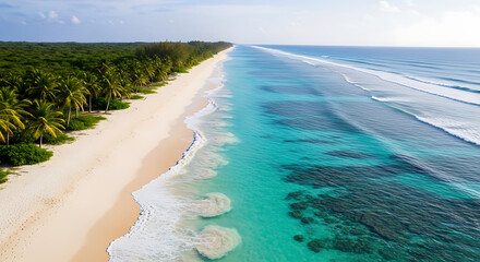 Aerial view of a tropical beach with palm trees white sand turquoise water and waves