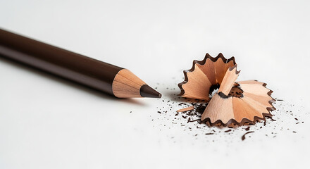 Sharpened brown cosmetic pencil with wood shavings on white background