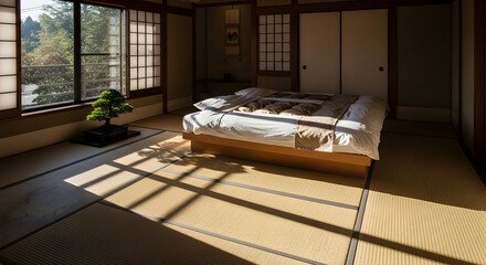 A sunlight filled Japanese bedroom with a bonsai tree and traditional elements