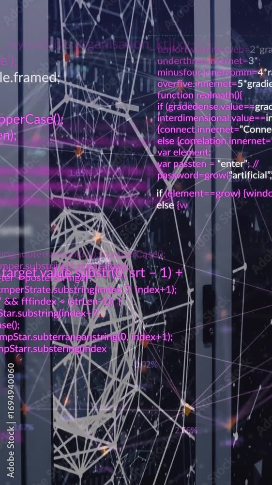 Poster animation of computer language over connected dots forming globe against server room