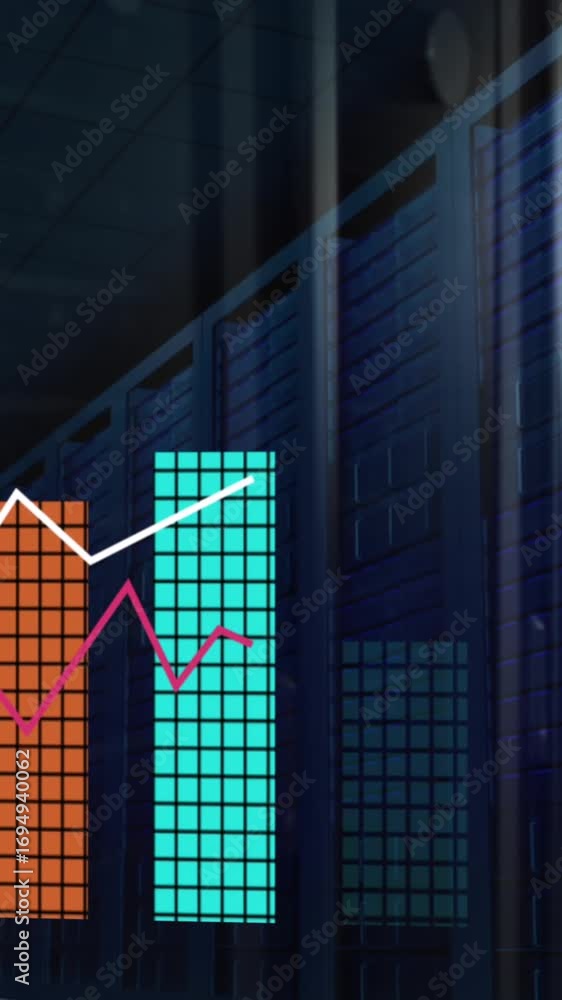 Aufkleber animation of statistical data processing against empty computer server room