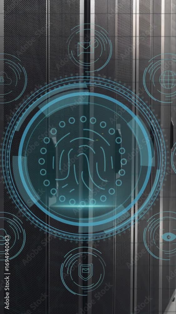 Poster animation of digital icons and fingerprint biometric scanner against computer server room