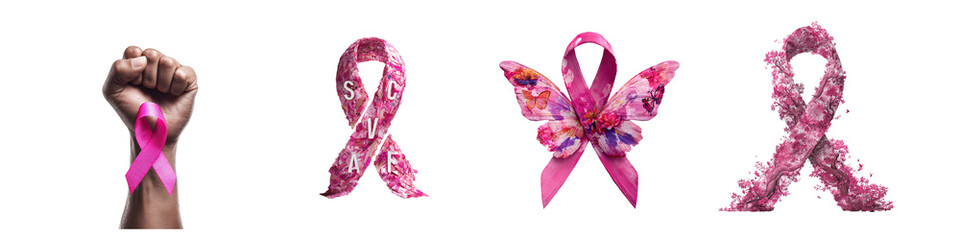 Breast cancer pink ribbon signs isolated on transparent background
