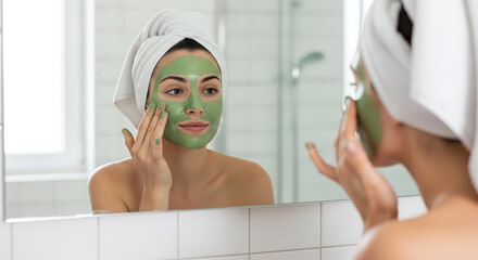 Woman applying green clay mask in bathroom looking at mirror
