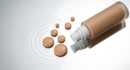 Liquid foundation drops spill from bottle on reflective surface