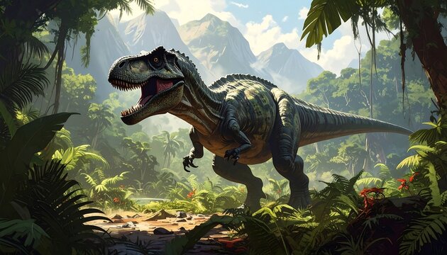 A colossal Tyrannosaurus Rex strides through a vibrant prehistoric jungle, its presence commanding the lush landscape.