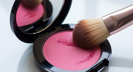 Applying pink blush makeup with a soft brush