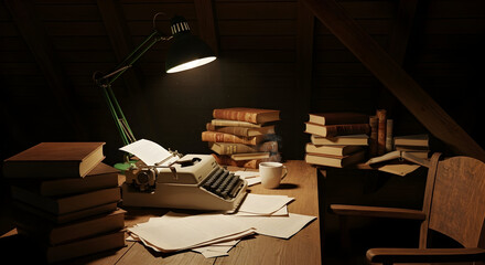 A Vintage Desk Scene Illuminated By A Lamp Featuring Books And A Typewriter For Writing