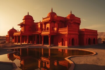 Fototapeta premium A desert palace made of red glass and gold, reflecting the burning sun
