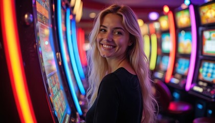Young woman smiles brightly near colorful slot machines in casino. Vibrant neon lights create lively atmosphere. Image captures joy, excitement, fun, play in nightlife setting. Modern lifestyle,