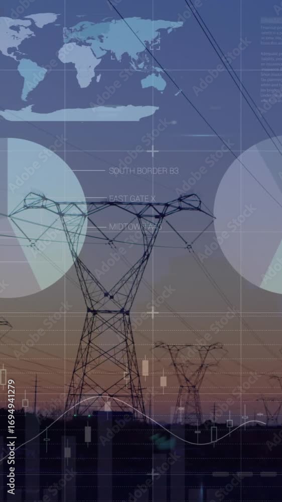 Poster animation of statistical data processing over network towers against sunset sky