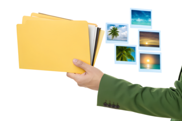 Hand holding yellow envelopes isolated on white background