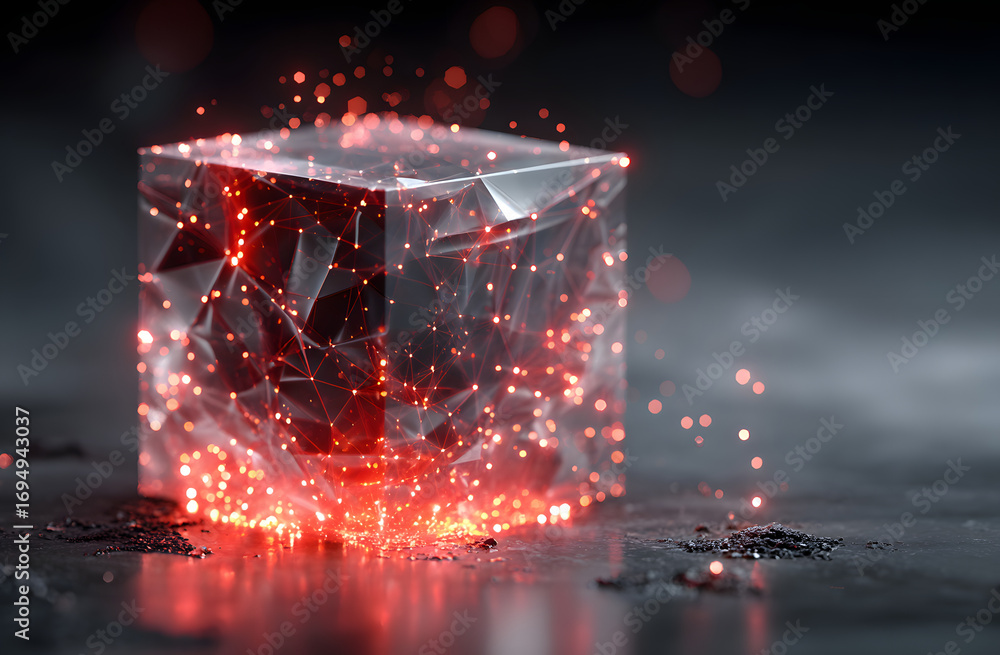 Aufkleber red glowing cube displays dynamic digital network conections. abstract tech imge. data storage syste