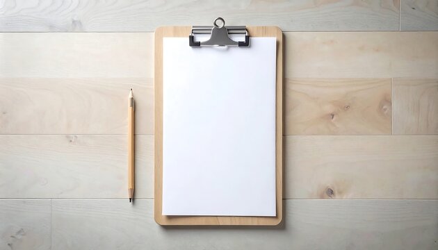 A light wooden clipboard with blank white paper sits atop a light beige wooden surface, beside a light brown pencil. - Powered by Adobe