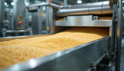 Automated industrial facility processes large quantities of grain seeds on conveyor belts. Modern machinery handles raw agricultural materials with precision. Workflow involves logistic systems,