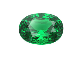 Isolated bright green oval shaped gemstone with many cut facets in polished surface