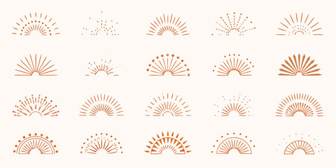 Collection of minimalist abstract sunburst and sunrise icons in boho style