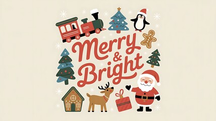 Festive Christmas Holiday Season Illustration with Santa Claus and Reindeer Train and Christmas Trees Creating a Merry and Bright Atmosphere