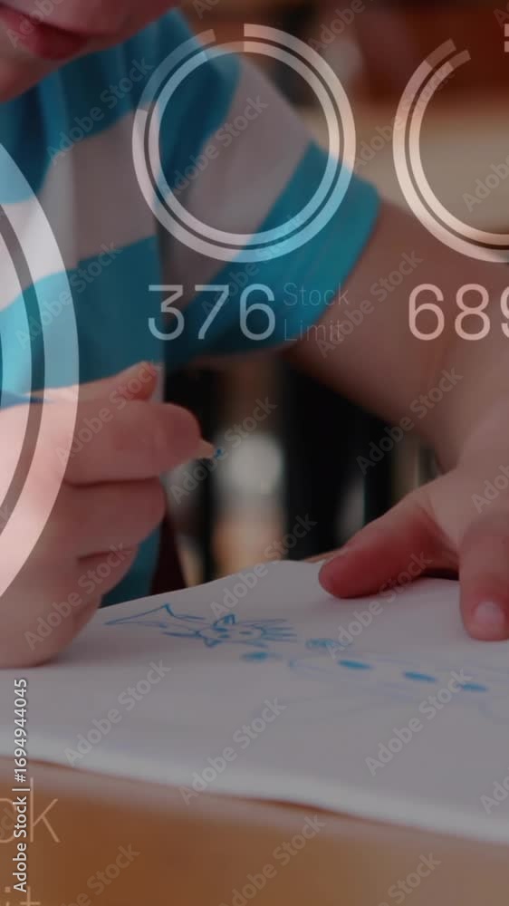 Aufkleber animation of loading circles and changing numbers over diverse students studying in classroom