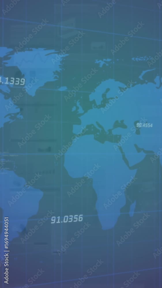 Aufkleber animation of numbers and infographic interface over grid pattern and map against blue background
