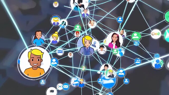 A network diagram with illustrated avatars connected by lines, symbolizing digital communication and social networking. Icons for messages and avatars interlink across the graphic.