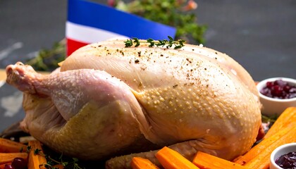 Whole roasted chicken presentation with french flag and cranberries