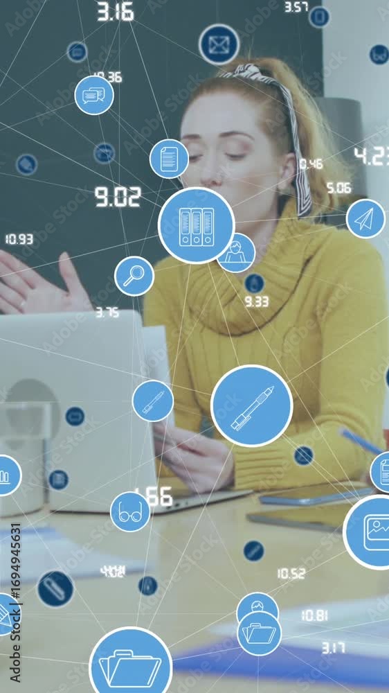 Poster animation of network of digital icons over team of diverse colleagues discussing together at office