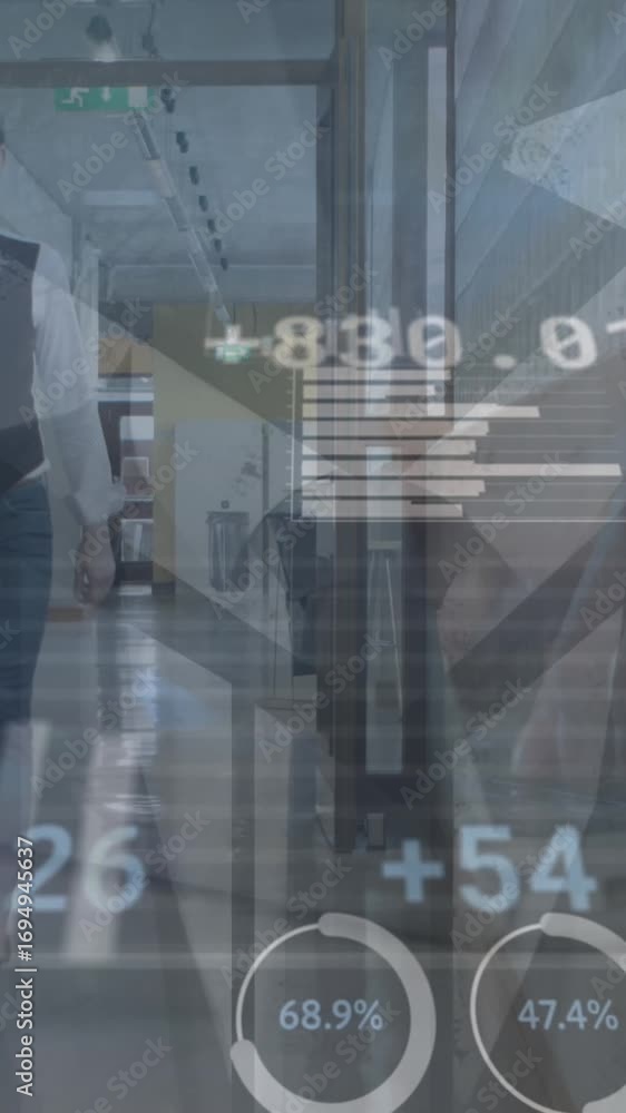 Poster animation of statistical data processing against caucasian man walking at office corridor