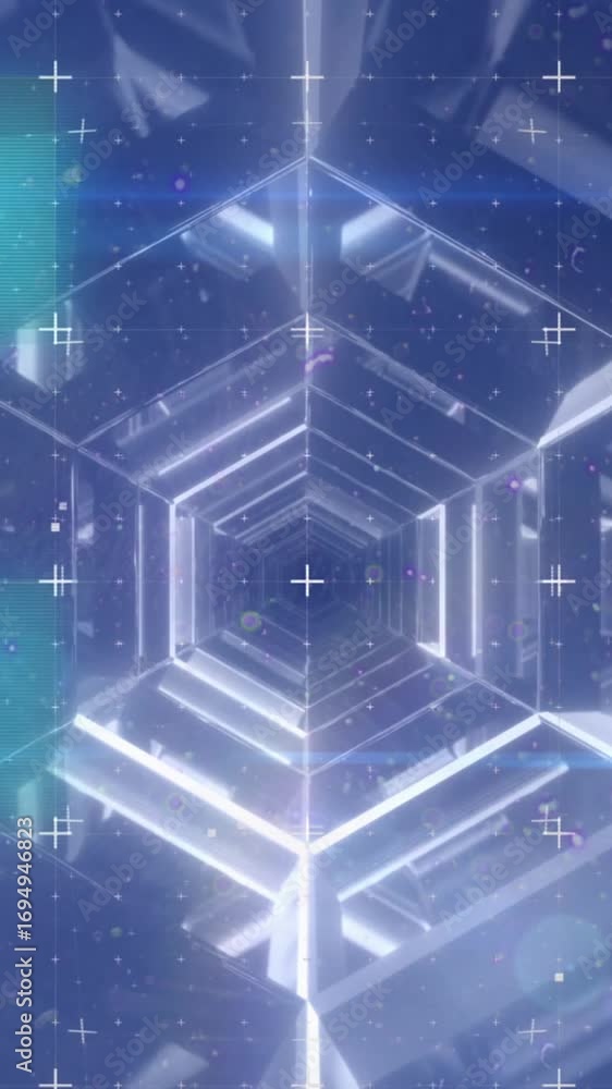 Poster animation of glitch technique over hexagon tunnel over abstract background