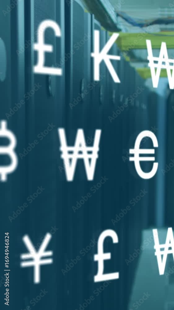 Poster animation of multiple currency symbols over data server racks in server room