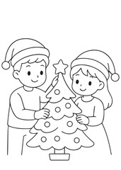 coloring book parents decorating Christmas tree with star and ornaments