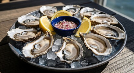 Fresh Oysters on Ice with Lemon, and Sauce.