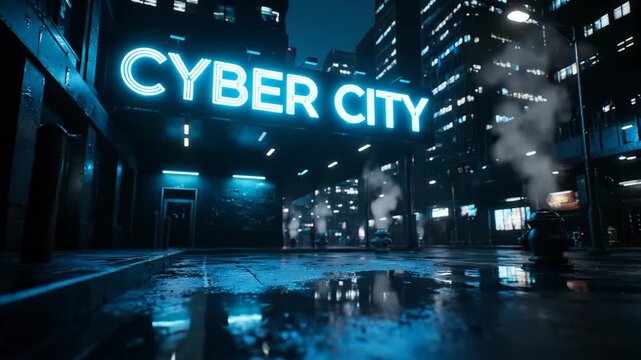 Futuristic cyberpunk city street at night with neon sign wet pavement this sci-fi urban landscape is a dark metropolis this is a cool digital art scene of a future city