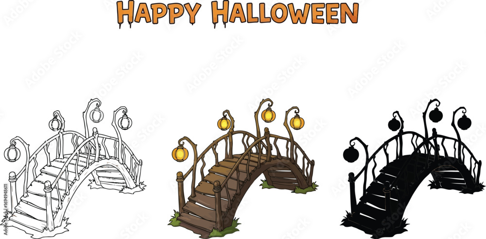 Poster halloween bridge with lanterns set of halloween bridge in different styles for your design