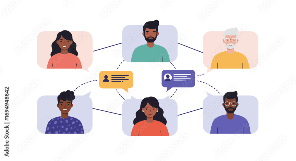 Poster diverse group communication network in flat style with speech bubbles and avatars