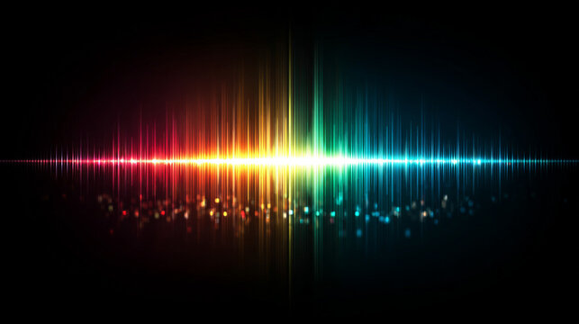 Vibrant rainbow neon sound waves forming a radial pattern, visualizing audio signals, futuristic technology, AI, and dynamic energy in a glowing abstract background.