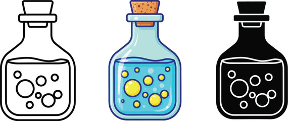 Set of potion bottles in different styles, including outline, colorful, and silhouette versions
