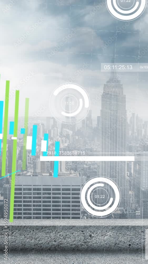 Aufkleber animation of graph and charts processing data over cloudy cityscape