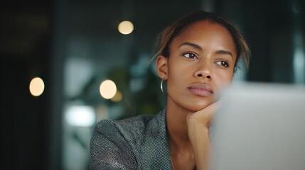 young serious concerned african american businesswoman sitting at desk looking laptop computer in contemporary corporation office business technologies concept vertical portrait no logos no brands ar