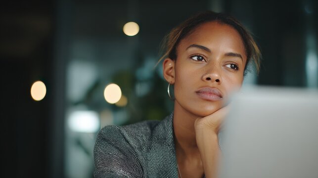 young serious concerned african american businesswoman sitting at desk looking laptop computer in contemporary corporation office business technologies concept vertical portrait no logos no brands ar