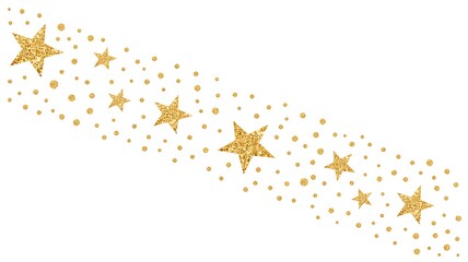 Sparkling gold glitter stars and confetti scattering across a clean white background for festive designs and celebratory themes