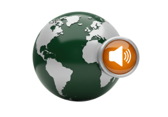Isolated Green Earth Globe With Orange Speaker Button Audio, global communication