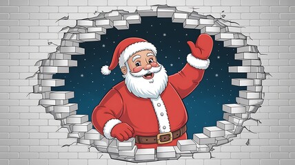 Santa Claus Breaks Through the Brick Wall Illustration with Festive Cheer and Holiday Spirit Spreading Christmas Joy