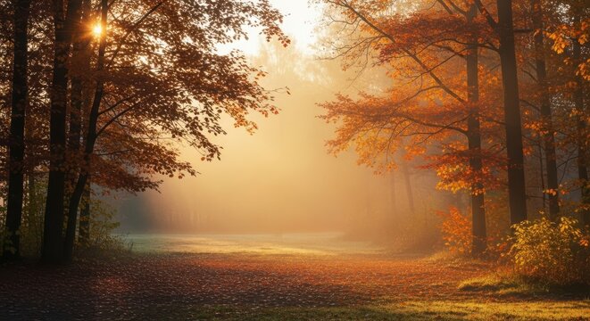 Golden sunbeams filter through misty autumn forest trees, illuminating fallen leaves on the path
