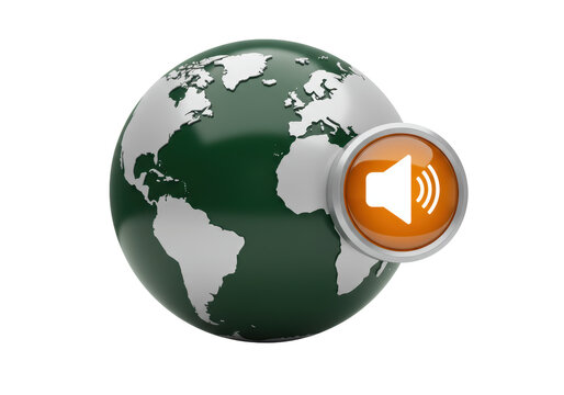 Isolated Green Earth Globe With Orange Speaker Button Audio, global communication